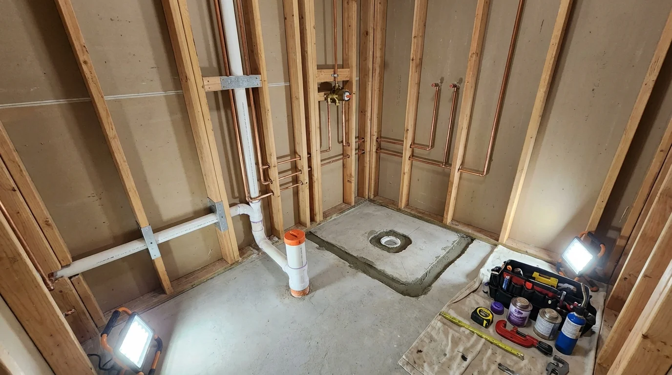 Bathroom rough-in plumbing during remodel by Johns Plumbing LLC in Red Wing