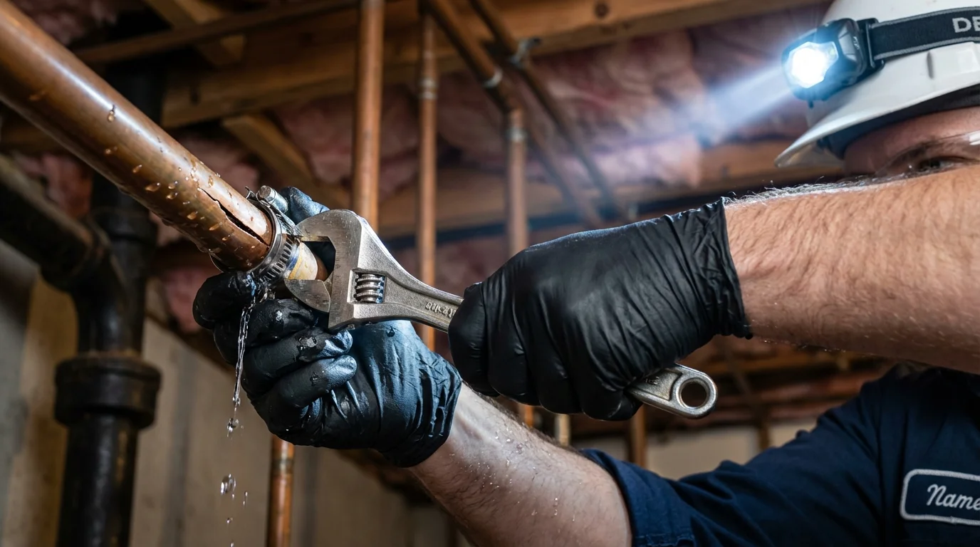 Emergency pipe clamp repair being performed by a Johns Plumbing LLC plumber in Red Wing