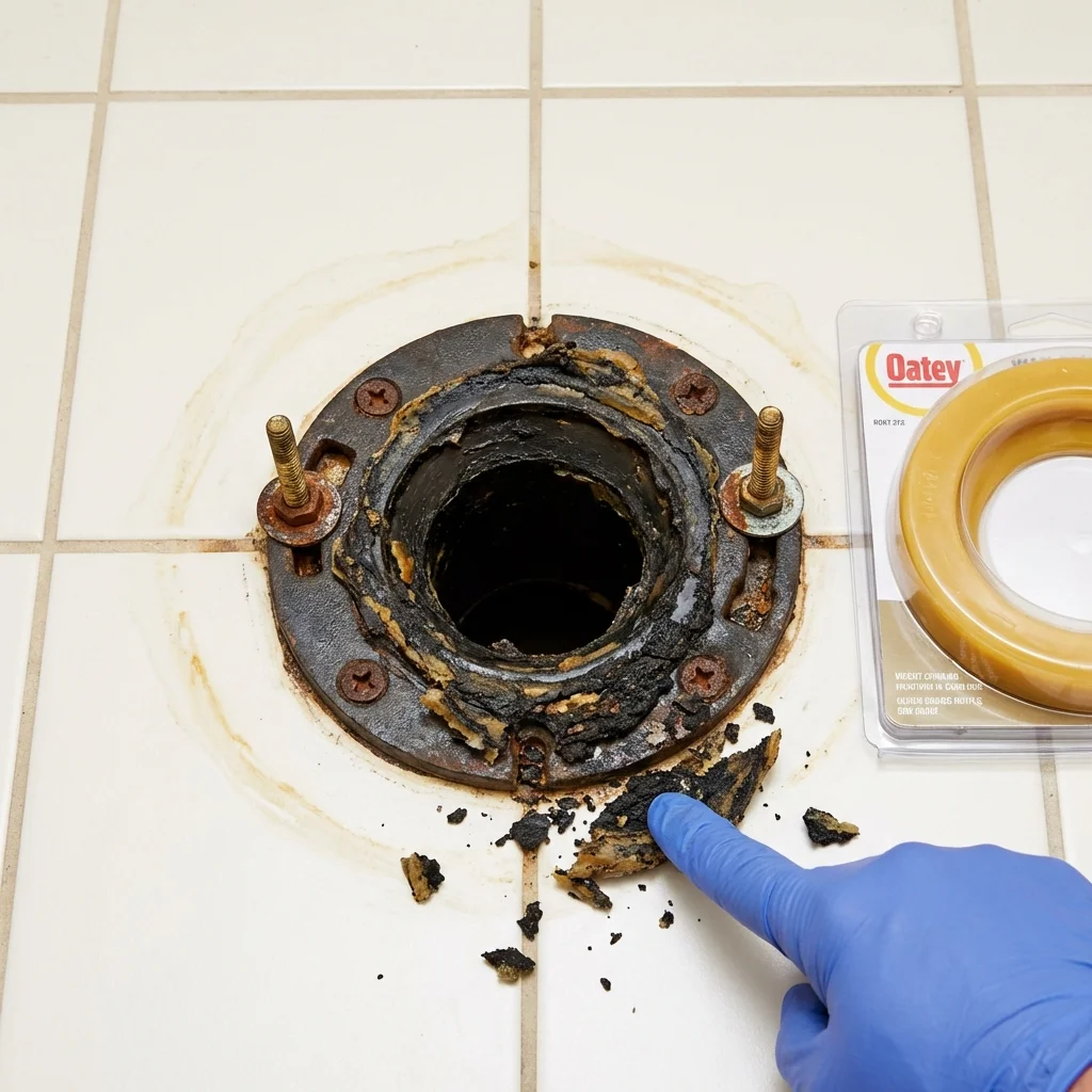Failed wax ring showing water seepage at the base of a toilet in a Red Wing, MN home